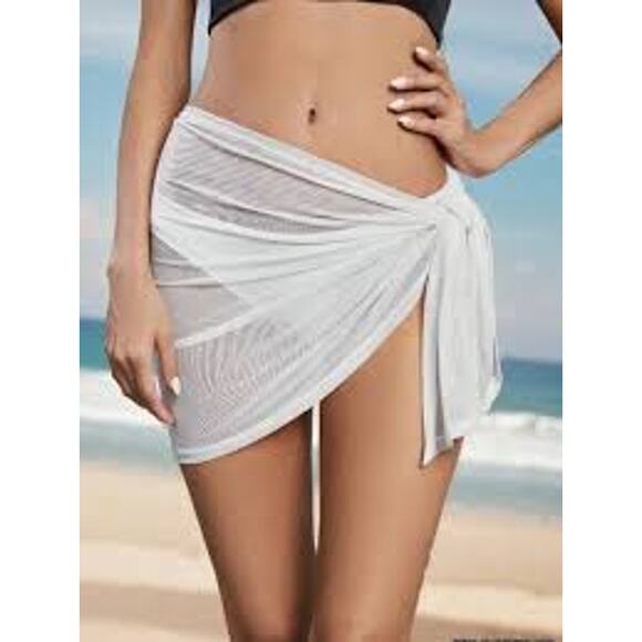SEXY Sheer Mesh Sarong Wrap Skirt Swimsuit Cover White Size Small S Mini NWOT - Picture 1 of 2